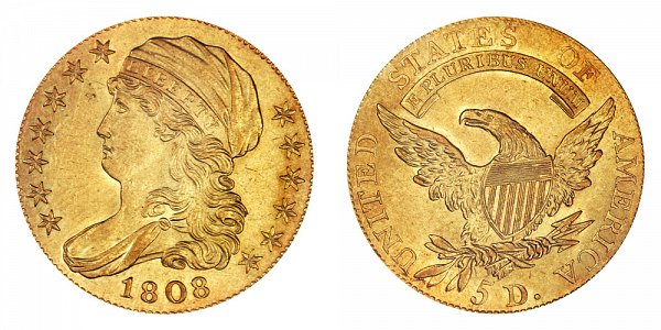 1808 Capped Bust $5 Gold Half Eagle - Five Dollars - Head Facing Lef 