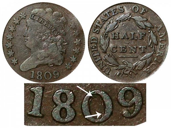 1809 Classic Head Half Cent Penny - Small Circle Inside 0 