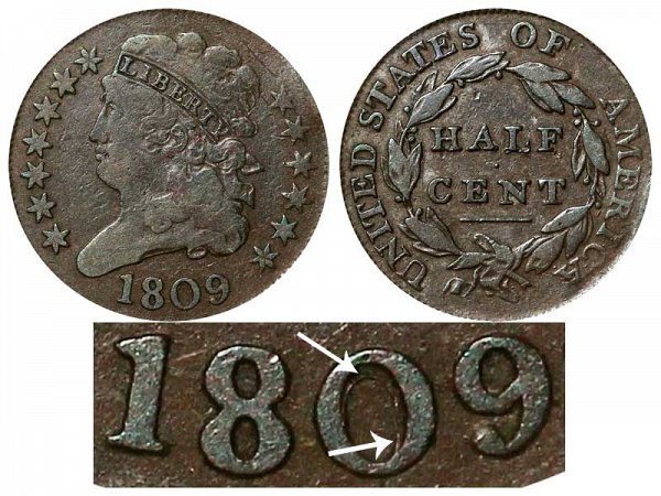 1809 Classic Head Half Cent Penny - Small Circle Inside 0