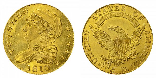 1810 Large Date - Large 5 - Capped Bust $5 Gold Half Eagle - Five Dollars