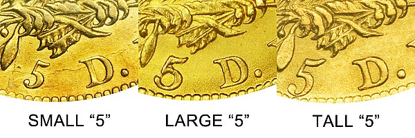 1810 Small 5 vs Large 5 vs Tall 5 - $5 Capped Bust Gold Half Eagle - Difference and Comparison