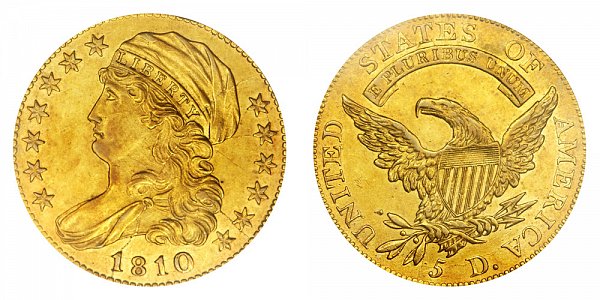 1810 Small Date - Small 5 - Capped Bust $5 Gold Half Eagle - Five Dollars 