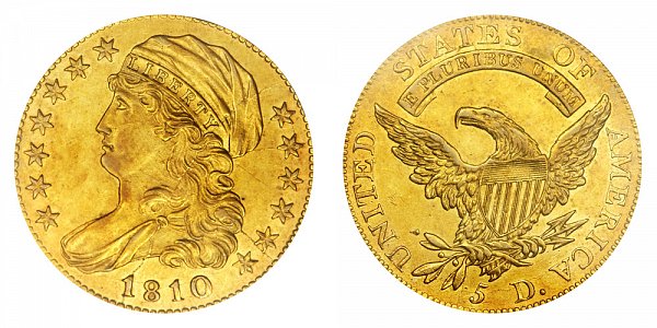 1810 Small Date - Small 5 - Capped Bust $5 Gold Half Eagle - Five Dollars