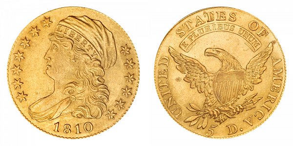 1810 Small Date - Tall 5 - Capped Bust $5 Gold Half Eagle - Five Dollars 