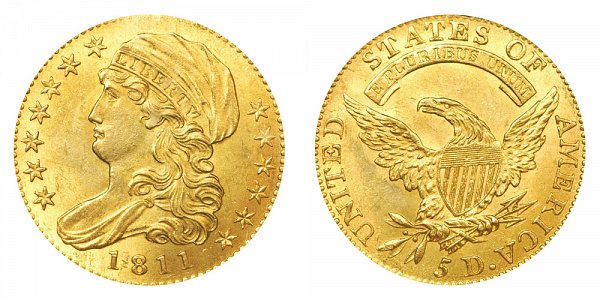 1811 Small 5 - Capped Bust $5 Gold Half Eagle - Five Dollars