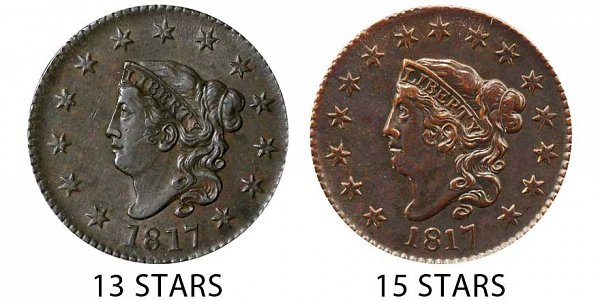 1817 Coronet Head Large Cent Penny - 13 Stars vs 15 Stars Comparison 