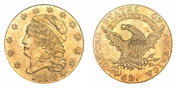 1818 5D/50 Capped Bust $5 Gold Half Eagle - 5D Over 50 - Five Dollars 