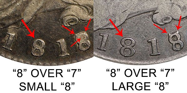 1818/7 Small 8 vs Large 8 Capped Bust Half Dollar - Difference and Comparison