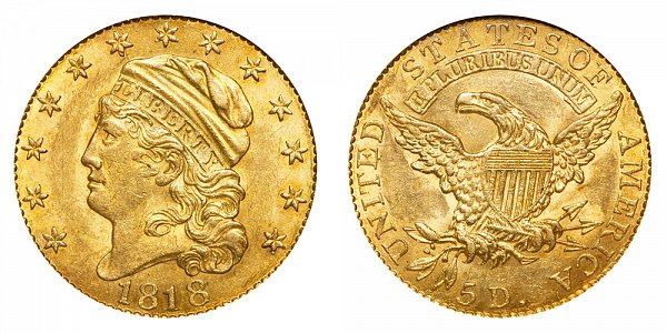 1818 "STATEOF" Capped Bust $5 Gold Half Eagle - Five Dollars 