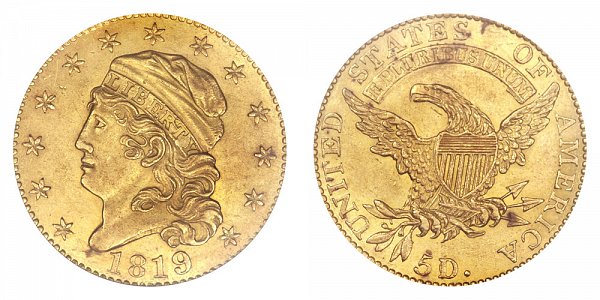 1819 5D/50 Capped Bust $5 Gold Half Eagle - 5D Over 50 - Five Dollars 