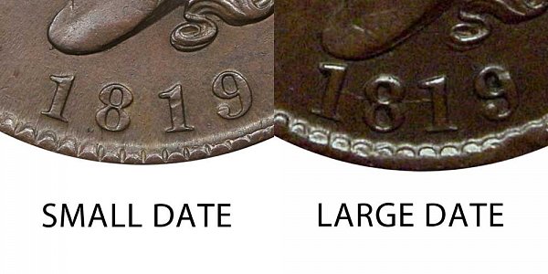 1819 Small Date vs Large Date Coronet Head Large Cent Penny 