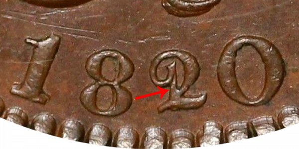 1820/19 Coronet Head Large Cent - 20 Over 19 Overdate Error