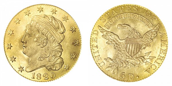 1820 Curl Base 2 - Large Letters - Capped Bust $5 Gold Half Eagle - Five Dollars