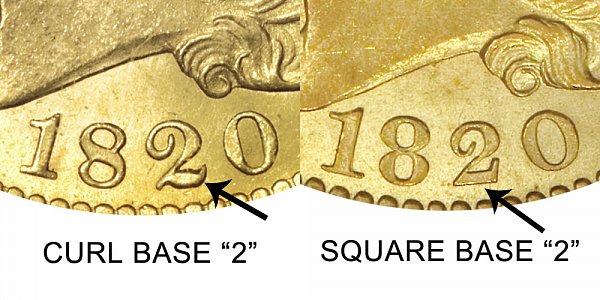 1820 Curl Base 2 vs Square Base 2 - $5 Capped Bust Gold Half Eagle - Difference and Comparison
