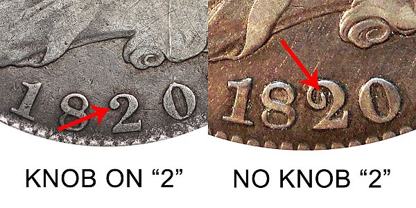 1820 Knob 2 vs No Knob 2 Capped Bust Half Dollar - Difference and Comparison