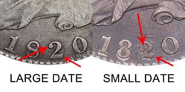 1820 Small Date vs Large Date Capped Bust Half Dollar - Difference and Comparison