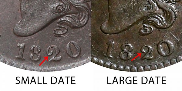 1820 Coronet Head Large Cent Penny - Small Date vs Large Date