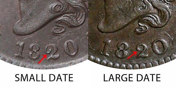 1820 Coronet Head Large Cent Penny - Small Date vs Large Date 