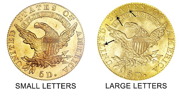 1820 Small Letters vs Large Letters - $5 Capped Bust Gold Half Eagle - Difference and Comparison