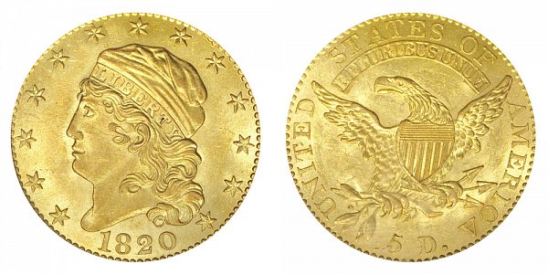 1820 Square Base 2 - Capped Bust $5 Gold Half Eagle - Five Dollars