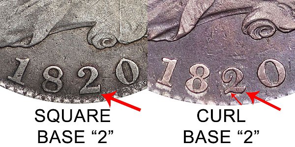 1820 Square Base 2 vs Curl Base 2 Capped Bust Half Dollar - Difference and Comparison