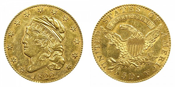 1822 Capped Bust $5 Gold Half Eagle - Five Dollars 