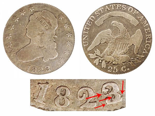 1823/2 Capped Bust Quarter - 3 Over 2 Overdate Error