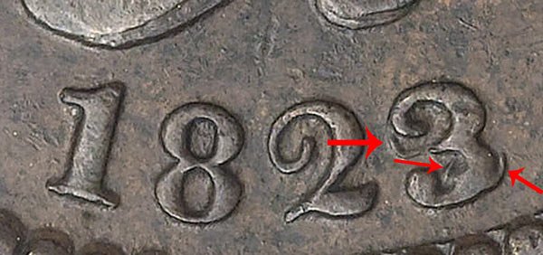 1823/2 Coronet Head Large Cent Penny - 3 Over 2 Overdate Error 