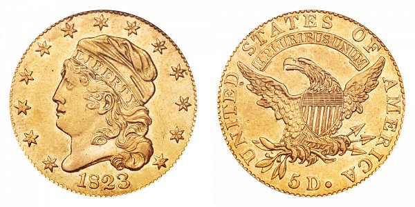 1823 Capped Bust $5 Gold Half Eagle - Five Dollars 