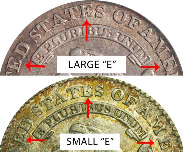 1823 Small E vs Large E Capped Bust Dime - Difference and Comparison