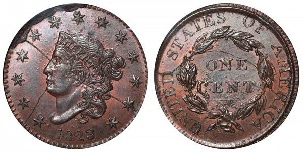 1823 Coronet Head Large Cent Penny - Unofficial Restrike - Broken Die 