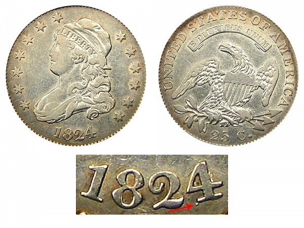 1824/2 Capped Bust Quarter - 4 Over 2 Overdate Error 