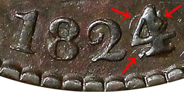 1824/2 Coronet Head Large Cent - 4 Over 2 Overdate Error