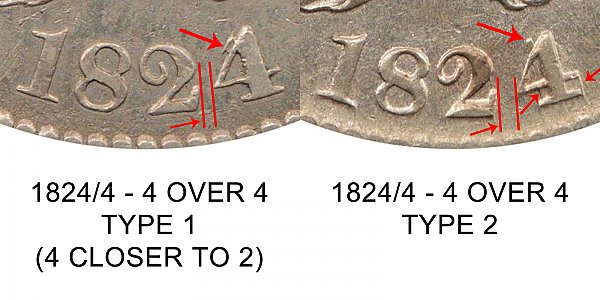 1824/4 Capped Bust Half Dollar - 4 Over 4 Overdate - Type 1 vs Type 2 