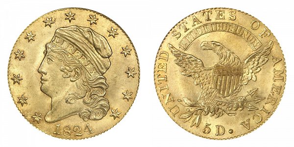 1824 Capped Bust $5 Gold Half Eagle - Five Dollars 