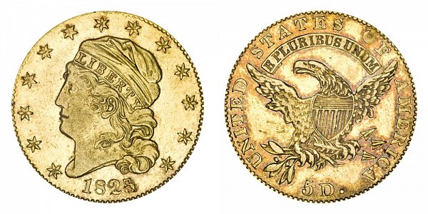 1825/4 Capped Bust $5 Gold Half Eagle - 5 Over 4 - Five Dollars 