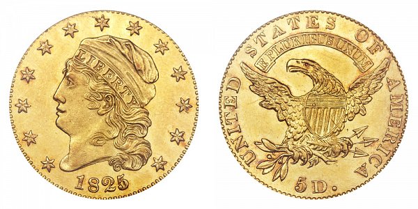 1825/4/1 Capped Bust $5 Gold Half Eagle - 5 Over Partial 4 - Five Dollars
