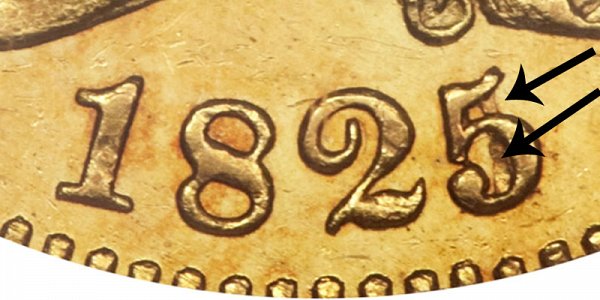 1825/4/1 Capped Bust Gold Half Eagle - 5 Over Partial 4 BD-1 - Closeup Example Image