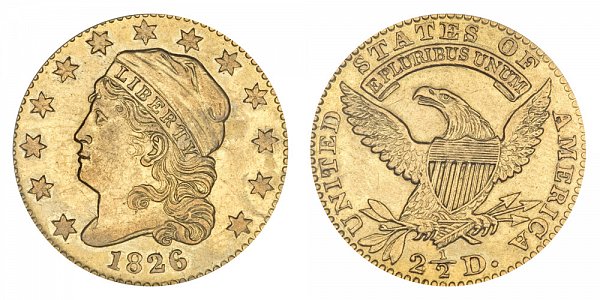 1826/6 Capped Bust $2.50 Gold Quarter Eagle - 2 1/2 Dollars - 6 Over 6 Repunched Date