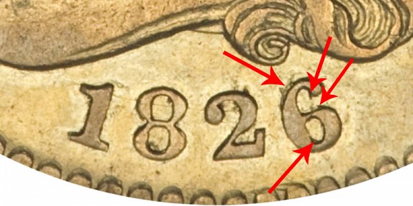 1826/6 6 Over 6 Capped Bust $2.50 Gold Quarter Eagle - Closeup Example Image