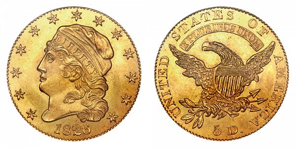 1826 Capped Bust $5 Gold Half Eagle - Five Dollars 