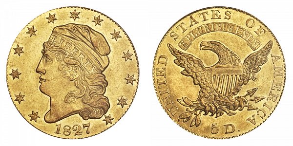 1827 Capped Bust $5 Gold Half Eagle - Five Dollars 