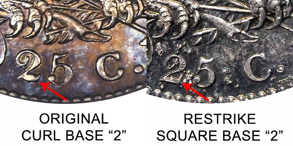 1827 Capped Bust Quarter -Original vs Restrike - Curl Base 2 vs Square Base 2 - Difference and Comparison