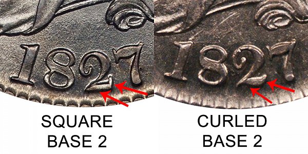 1827 Square Base 2 vs Curl Base 2 Capped Bust Half Dollar - Difference and Comparison