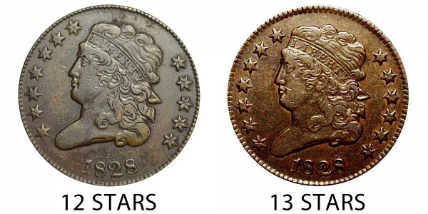 1828 Classic Head Half Cent Penny - 12 Stars vs 13 Stars 