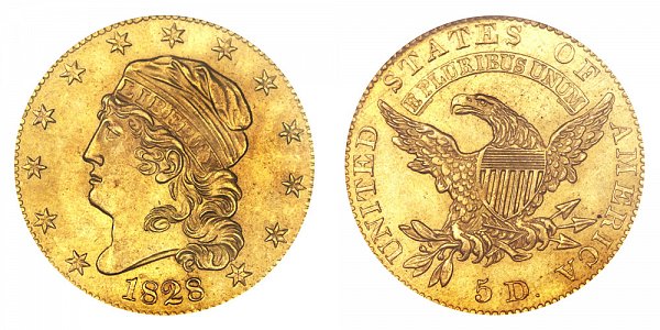 1828/7 Capped Bust $5 Gold Half Eagle - 8 Over 7 - Five Dollars