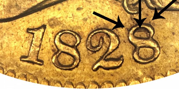 1828/7 Capped Bust Gold Half Eagle - 8 Over 7 Overdate - Closeup Example Image