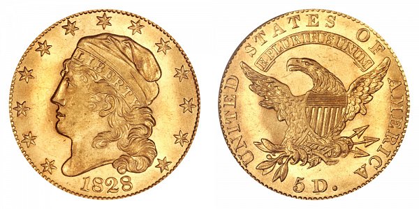 1828 Capped Bust $5 Gold Half Eagle - Five Dollars 