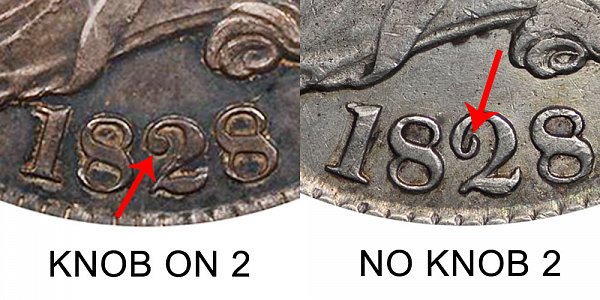 1828 Knobbed 2 vs No Knob 2 Capped Bust Half Dollar - Difference and Comparison