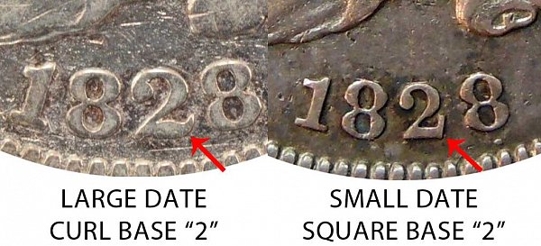 1828 Capped Bust Dime - Large Date vs Small Date - Curl Base 2 vs Square Base 2 